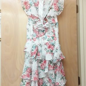 Floral Boho Asymetrical Ruffle Dress L